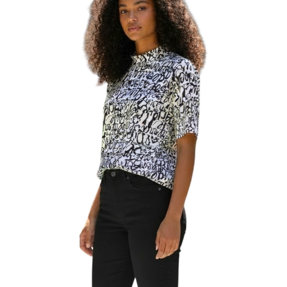New York & Company 7th Avenue Mock Neck Graffiti Print Top Black White XS